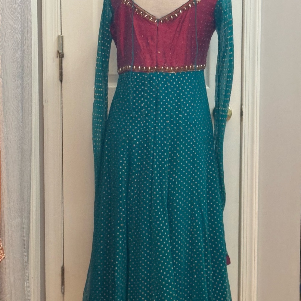 Pakistani Indian Teal and maroon Red Embellished Dress - Picture 3 of 16